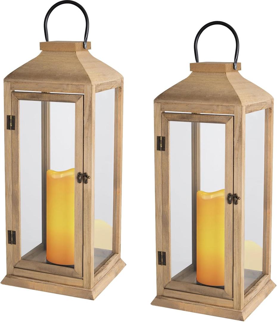 Bdor 2 Pack Lanterns Decorative - 27.5in New Zealand Pine Lanterns Decorative with Flameless Pillar Candles, Decorative Lanterns for Home Decor, Indoor Outdoor, Front Porch, Garden, Farmhouse Style (Large)