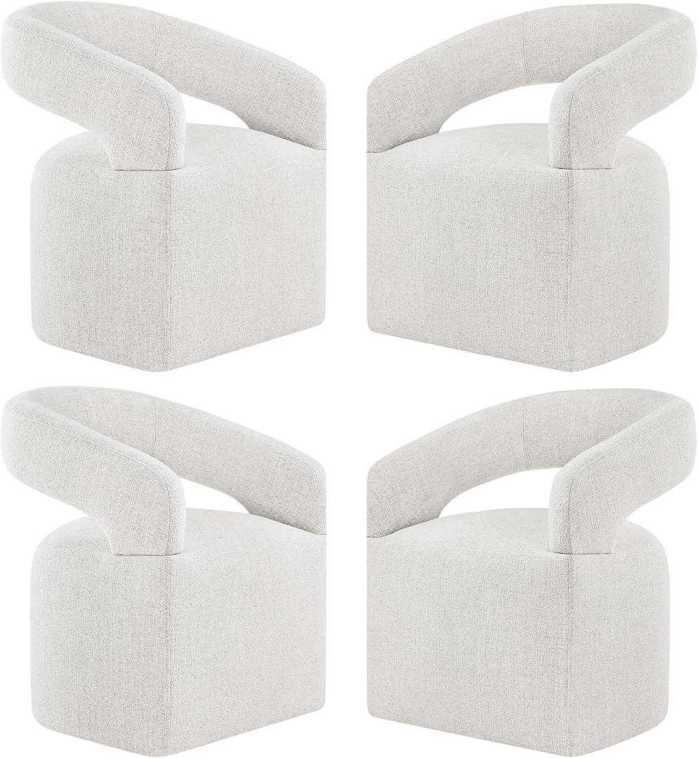 KISLOT Upholstered Dining Chairs Set of 4, Modern Rolling Dining Chairs with Hidden Casters, Arm Kitchen Chairs with Linen Look Fabric, Padded Barrel Chairs for Dining Room, Kitchen, Bedroom, Beige