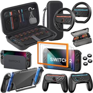 Accessories Bundle for Nintendo Switch 2, 16-in-1: Carrying Case, 2 Screen Protectors, Steering Wheel, Grip for Joycon Controller, Dockable Console Protective Cover Shell, etc. 2025 Switch2 Game Kit (Black(No controller))