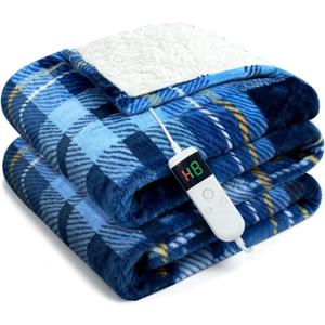 Electric Blanket Heated Queen, Soft Flannel 90"x84" Plaid Heating Blanket with 8 Hours Auto Off 10 Fast Heating Levels Machine Washable Sherpa Heated Blanket with Overheating Protection (Blue)