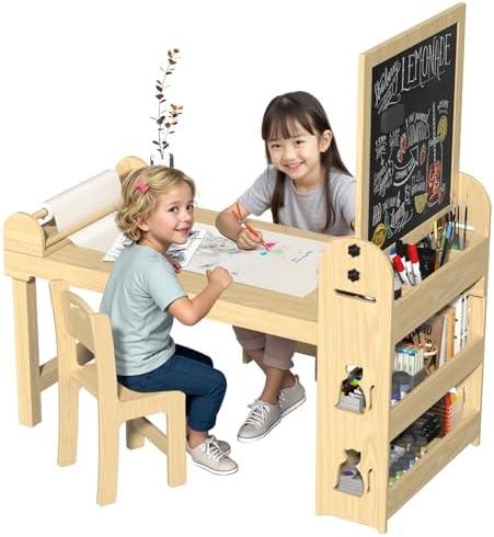 45.3" x 23" Craft Table with Magnetic Convertible Double-Sided Easel (Blackboard & Whiteboard),Kids Art Table and Chair Set with Paper Roll Dispenser,Storage Desk for Drawing & Crafts, Ages 4-12