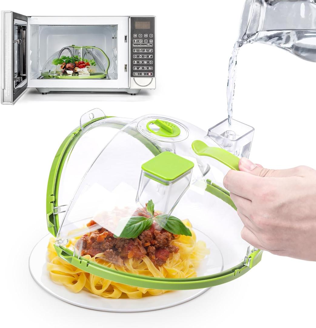 Flippable Microwave Splatter Cover, 10 Inch Microwave Cover for Food, Clear Microwave Food Cover with Handle and Water Steamer, Home Gifts for House Essentials, Green