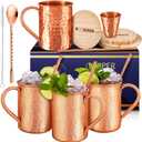Gift Set Moscow Mule Mugs Set Of 4 16 oz Solid Cooper, 100% Pure Copper Cups Cylindrical Shape HANDCRAFTED, BONUS 4 Straws, 4 Wood Coasters, Stirring Spoon, And Shot Glass (Square)