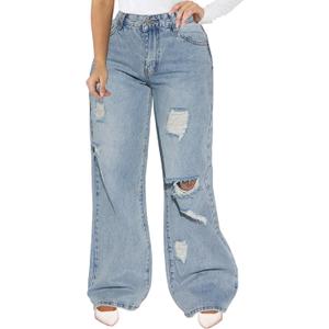 IbuduSexy Women's Mid Waisted Wide Leg Distressed Jeans Ripped Retro Denim Pants (B-light Blue)