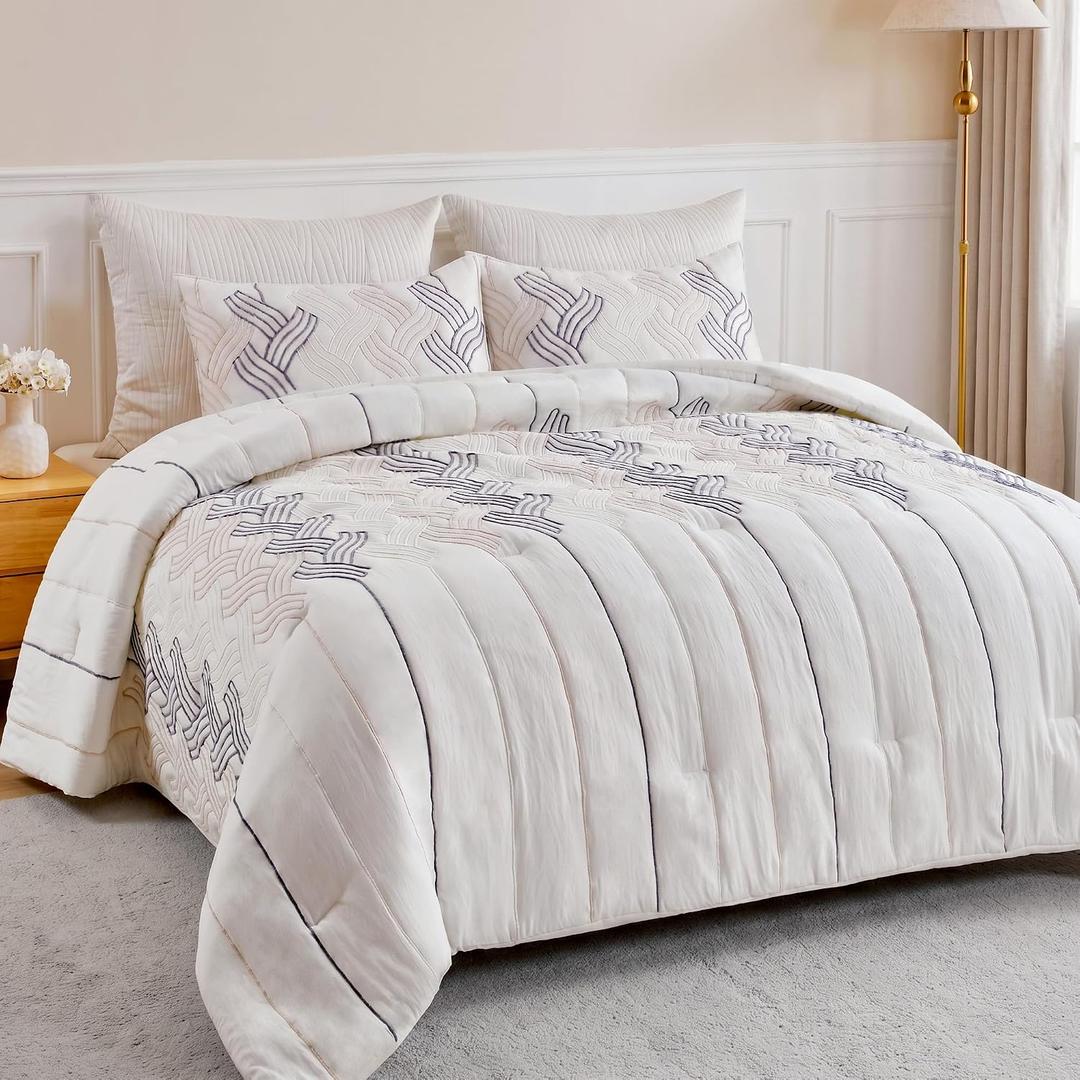 UNIKOME Boho Tufted King Size Comforter Set, Shabby Chic, Ivory White