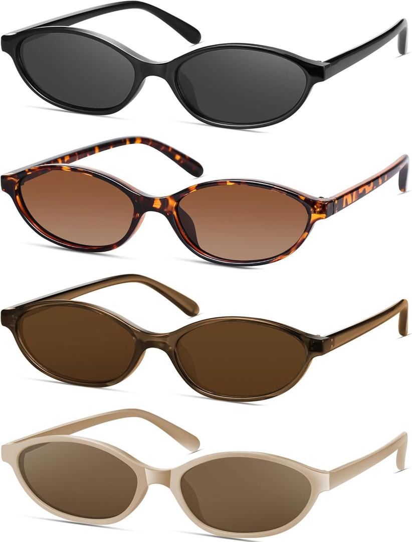 Retro Oval Cat Eye Sunglasses for Women Y2k Designer Trendy Narrow Shades UV protection Sun Glasses (4packblack/Gray+tortoise/Gradient Tea+brown/Brown+khaki/Tea))