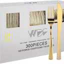 WDF300 Pieces Gold Plastic Silverware - Heavy Duty Disposable Cutlery Set Plastic Gold Silverware Set Includes 100 Forks, 100 Spoons, 100 Knives for Party Baby Shower Wedding Spring