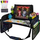Lusso Gear Car Seat Activity Tray - Dry-Erase Top & Toddler Travel Essential - Mesh Pockets & Car Back Seat Organizer - Cup Holder & Road Trip Essentials for Kids - 600D Oxford Material