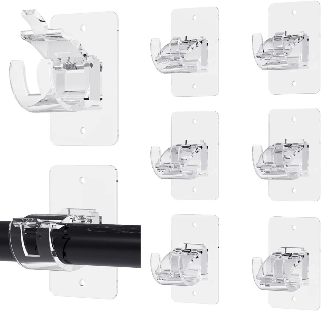 8PCS No Drill Curtain Rod Brackets, Self-Adhesive, Universal, Plastic & Stainless Steel, Wall Mount, Transparent