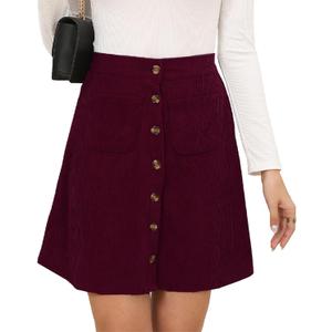 Women's Button Down Corduroy Skirts High Waist A-line Pleated Short Mini Skirt with Pockets, S