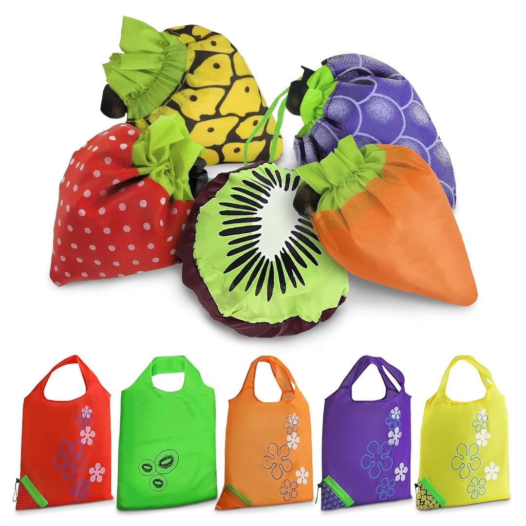5 Pcs Cute Reusable Grocery Bags in Pouch - Fruit Shaped Reusable Bags With Handles - Foldable Fruit Tote Bags - Washable Grocery Bags