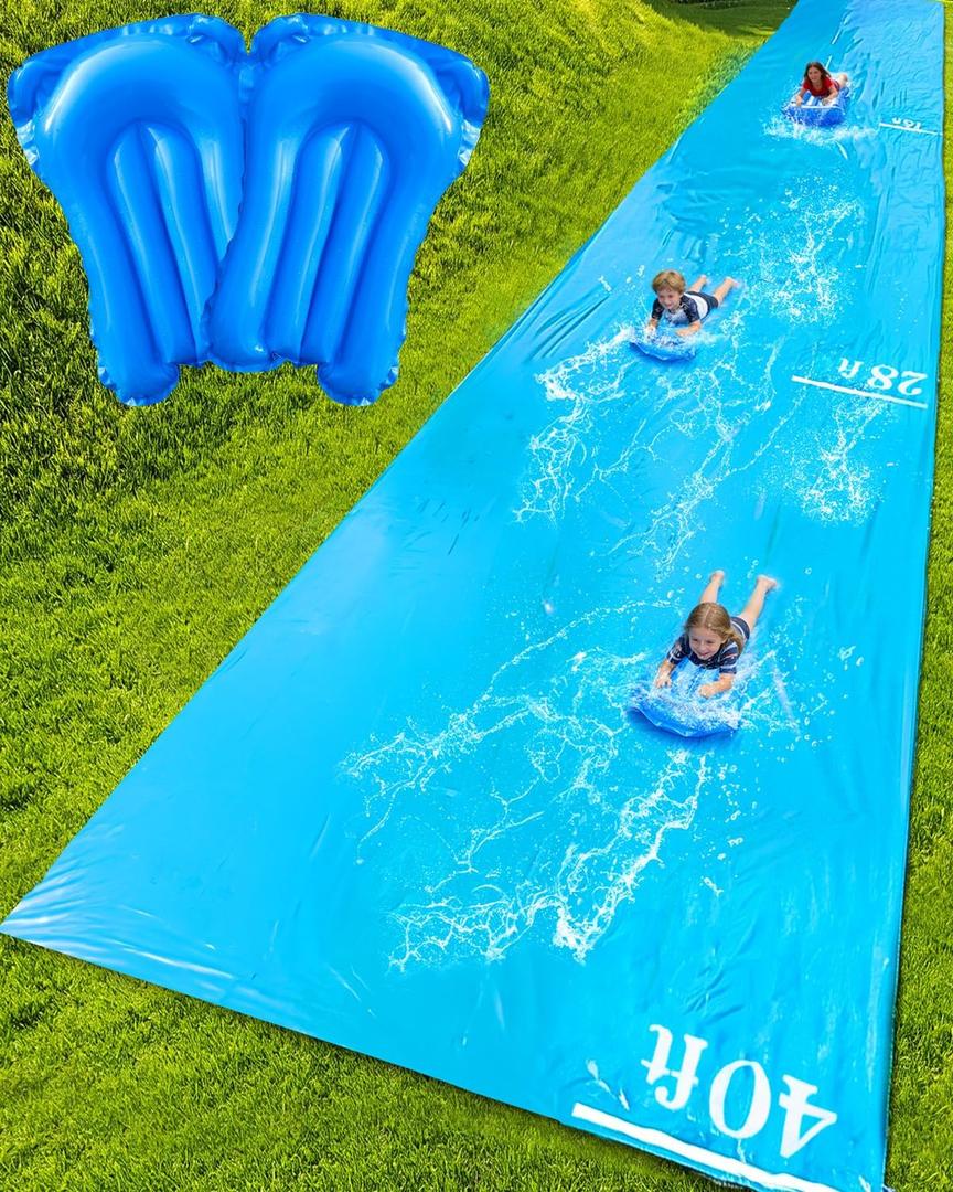Spring Water Slip and Water Slide for Kids Adults, Extra Long Giant Slip n Water Slide for Backyard, 40ft Water Slides with 2 Inflatable Bodyboards, Summer Outdoor Water Toys Play