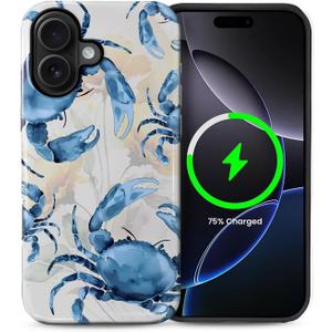 for iPhone 16 Case for MagSafe,Hard Hybrid Shell Shockproof Silicone Full Body Protective Non Slip Case for iPhone 16 Watercolor Blue Crab Coastal Vibes Pattern,Watercolor Blue Crab Coastal Vibes, iPhone 16