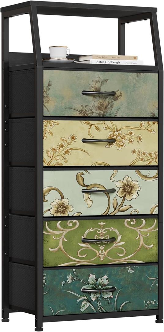 Furnulem Retro 5 Drawers Dresser, Tall Dressers for Bedroom, Closet, Hallway, Nursery, Fabric Storage Tower Organizer, Vertical Nightstand Side Table Furniture, Steel Frame, Wood Top (Vintage Floral), 11.5"D x 16.1"W x 43.3"H