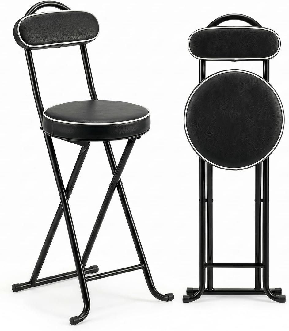 Folding Stool,24 Inch Portable Folding Bar Stool Chair with Backrest,Foldable Collapsible High Stools with Handle for Adults Kitchen Island,Black,1pcs, Set of 1;24"