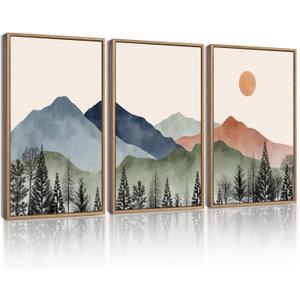 KUVIOKE Mountain Landscape Framed Wall Decor Boho Sun Rise Watercolor Nature Art Prints Farmhouse Rustic Bedroom Dining Living Room Decor 11x14in (Natural Framed) (14L" x 11W" x 3 Panels Natural)