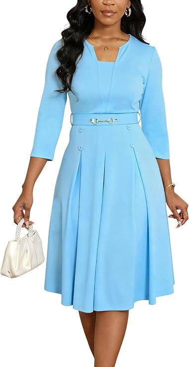 Elainone Womens 3/4 Sleeves Casual A Line Dress Belted Semi Formal Dresses Fit and Flare Midi Dress, High Waist A Line Dresses for Women Suitable for Work, Business, Church, Wedding Guest, L