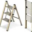 WOA WOA 3 Step Ladder, Foldable Step Stool, Aluminum Lightweight Ladder for Home Kitchen Closet, Anti-Slip Pedals, Ease of Folding, Portable, 300lbs Capacity - Gold