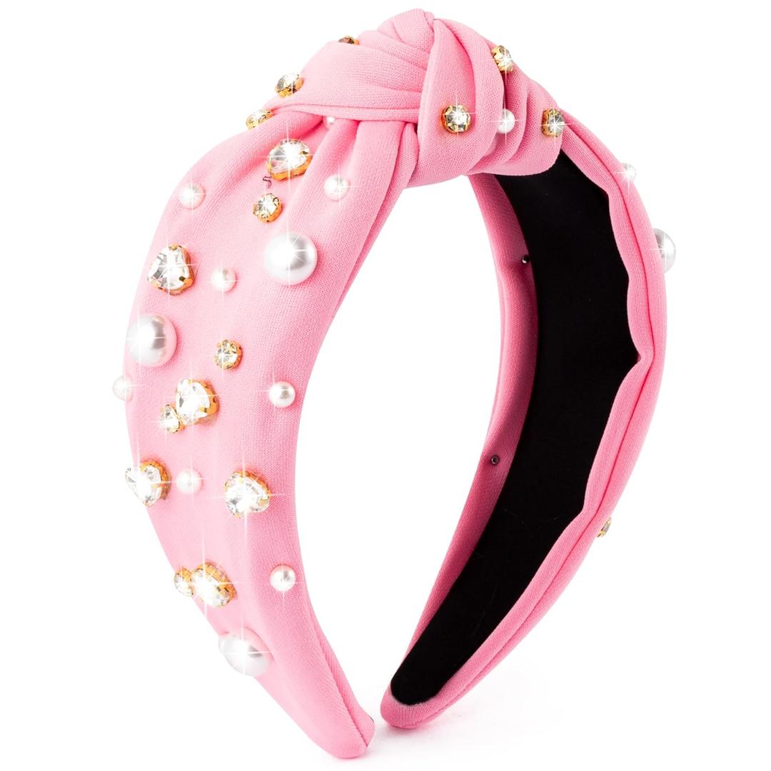 PANTIDE Pearl Jeweled Knotted Headband - Heart Rhinestone Crystal Pearl Embellished Headband Wide Top Knot Fashion Hairband Accessories Birthday Gift for Lover Women Girls (Pink)