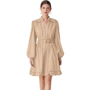 LAI MENG FIVE CATS Women's V-Neck Elegant Lace Long Sleeve Lantern Sleeve Button up Casual Mini Dress, Small