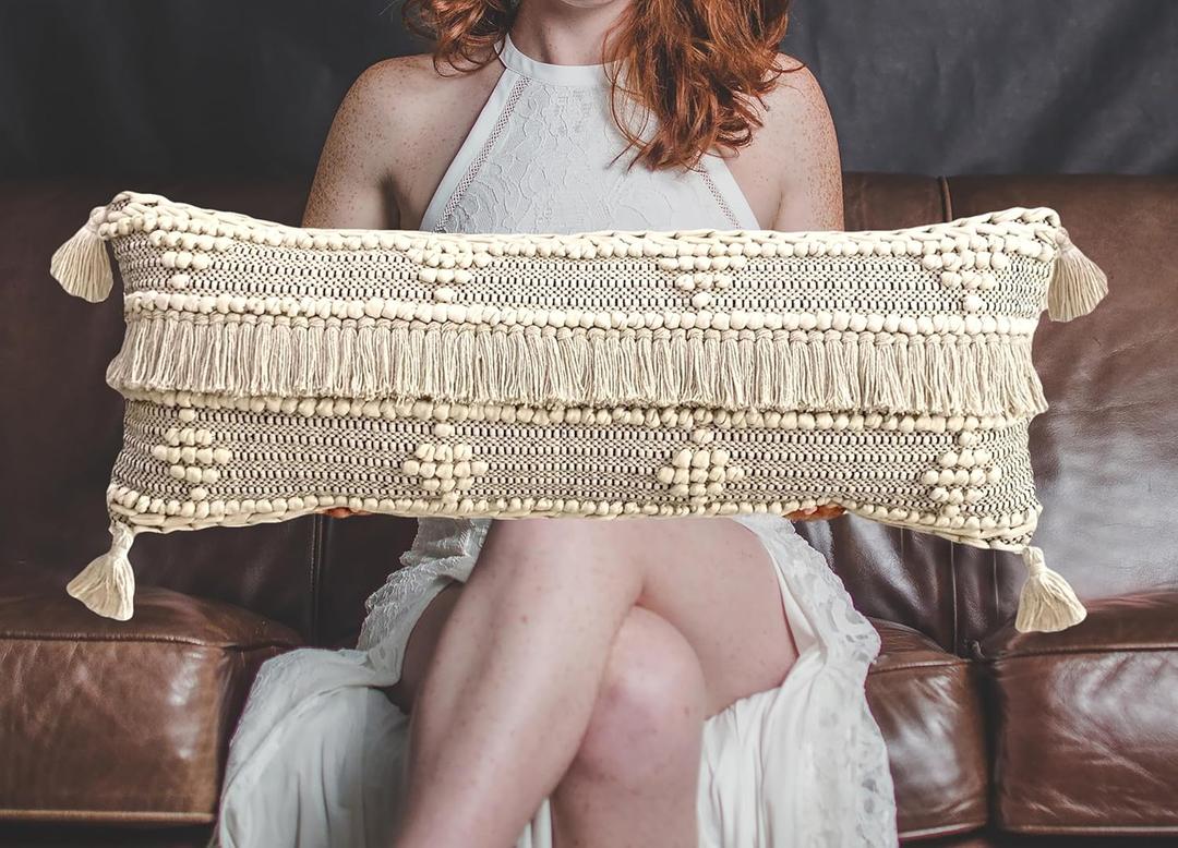 Home Boho Lumbar Throw Pillow Cover 12"X34" Decorative Long Modern Accent Body Lumbar Pillow for Bed, Woven Textured Lumbar Pillowcase for Couch, Cream White