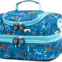 Insulated Kids Dual Compartment Lunch Bags Tote Pack for Girls Boys Toddler Kindergarten School Picnic Food Cooler Boxes with Shoulder Strap (Blue Car)