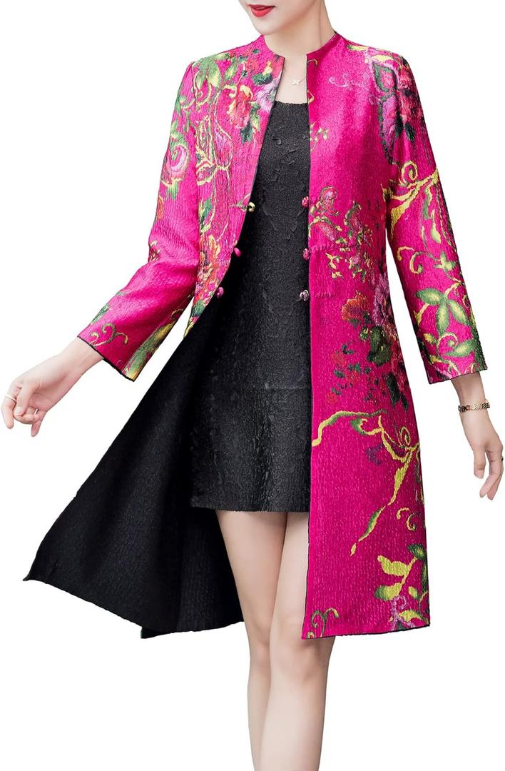 Women's Abstract Flowers Tri-button Crinkled Reversible Chinese Jacket (Hot Pink,S )