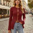 Womens 2026 Spring Slim Fitted Sweater Golden Button Split Tops Trendy Long Sleeve Open Front Knit Cardigan, Large