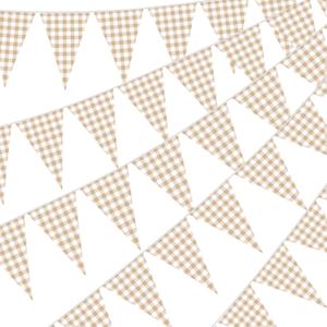 Gilprop 49.2 Ft / 60 Pieces Light Brown Plaid Party Decorations Pennant Banner Triangle Flags Garland Bunting Banner for Birthday Gender Reveal Wedding Baby Shower Decor Supplies