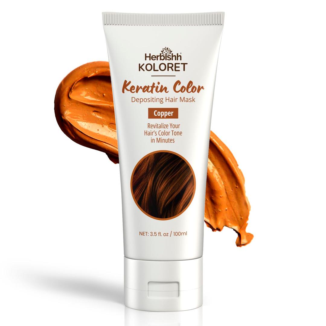 Herbishh Koloret Keratin Color Depositing Mask - 2-in-1 Deep Conditioner for Vibrant Refreshed Hair, Ideal for Dry Damaged Types, Salon-Worthy Shine at Home, Copper, 3.5 fl.oz
