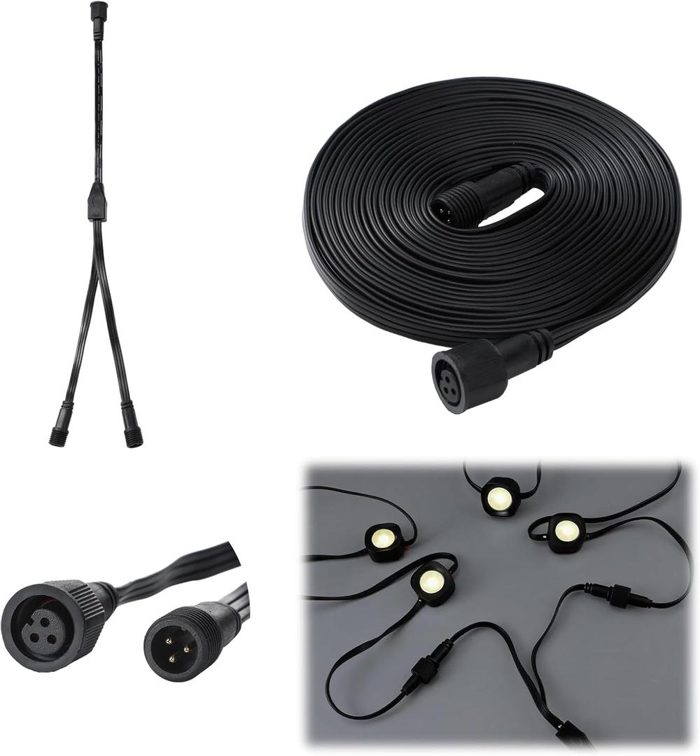 2 Pcs Extension Cable Kit Compatible with Govee Permanent Outdoor Light 3 Pins Y Splitter Cord Straight Extension Compatible with Govee H705 H706 H805 Weatherproof Patio Yard (16 ft,Black)