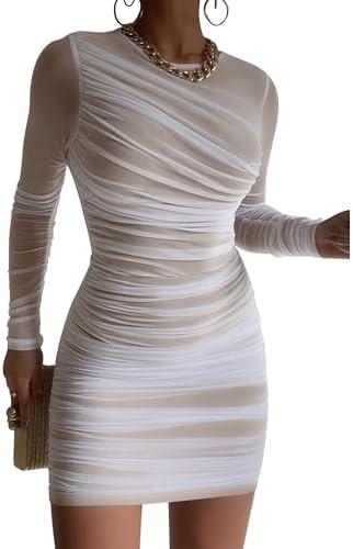 GOKATOSAU Women's Sexy Round Neck Mesh Long Sleeve Full Ruched Bodycon Mini Dress, Medium, White