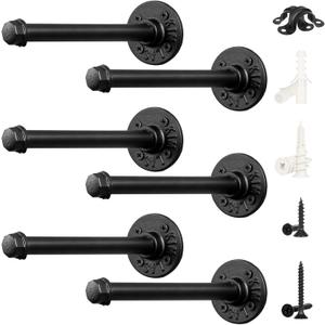 8-Inch Pipe Shelf Brackets for DIY Floating Shelves, Industrial Iron Pipe Bracket, Heavy Duty Metal Shelving Brackets, 6 Pack, Black