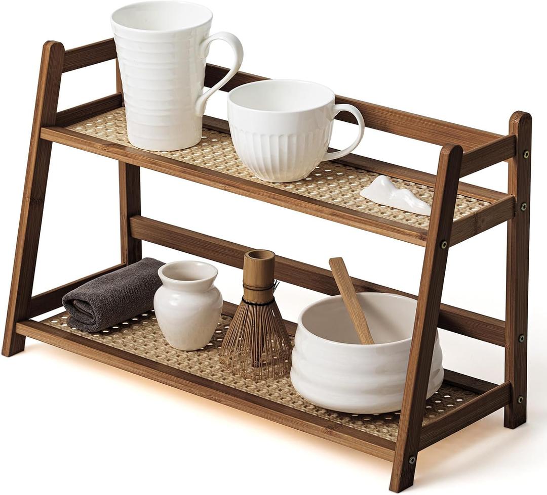 1 Pcs 2 Tier Matcha Station Shelf Bamboo Coffee Mug Stand Countertop Storage Rack, Double Layer Rattan Office Cup, Kitchen, Tea, Plant, Bar Accessories Condiment Display(Brown,17.7 Inch)