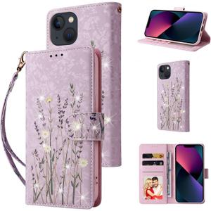 UEEBAI Wallet Case for iPhone 13 6.1 inch, PU Leather Phone Case Kickstand RFID Blocking Flip Case with Card Slots Wrist Strap Relief Engraved Pattern Magnetic Closure Folio Case - Pansy