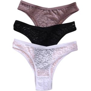 MakeMeChic Women's 3 Pack Floral Lace Panties Underpants Plain Sheer Thongs Underwear White Black Purple, Large