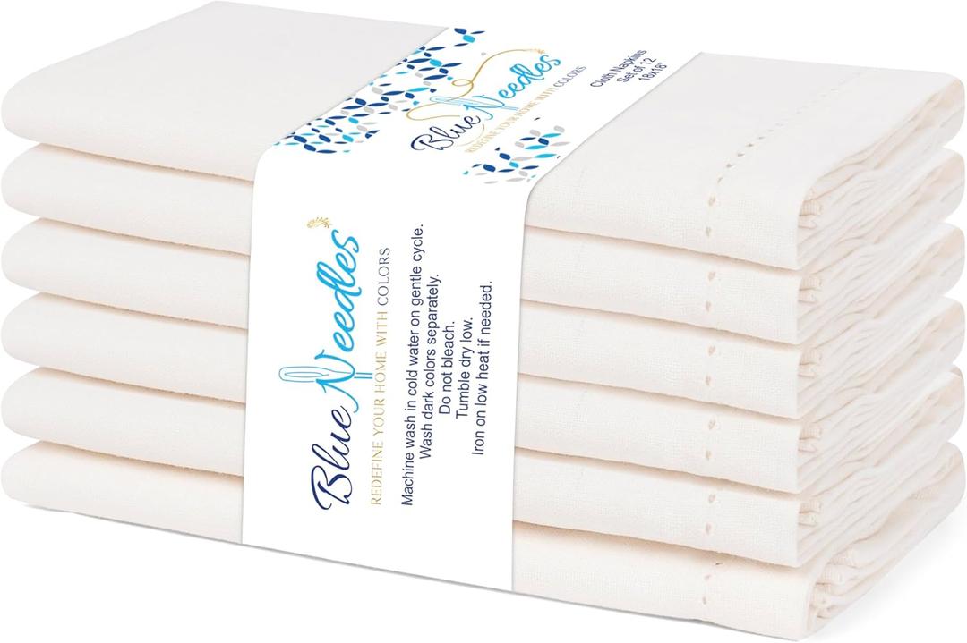 Blue Needles Set of 6 Hemstitch Linen Napkins 100% Cotton Cream Cloth Dinner Napkins 18x18 inches, Soft, Reusable, Absorbent, Washable, Ideal for Spring Summer Easter Events, Parties & Everyday Use