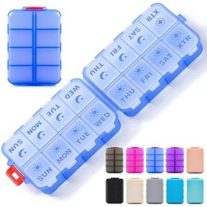 Foldable Weekly Pill Organizer 2 Times a Day with 2 Extra Compartments - Etched Labels - Portable 7 Day AM PM Medicine Box, Week Daily Travel Pill Case Holder for Meds, Vitamin, Supplement -Clear Blue