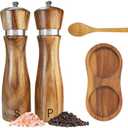 Wooden Salt and Pepper Grinder Set:Pepper Grinder Manual,Adjustable Coarseness,Crafted of Acacia Wood with Ceramic/Stainless Steel Core|Along with Salt&Pepper Mill Tray,Spoon,8in,1pack