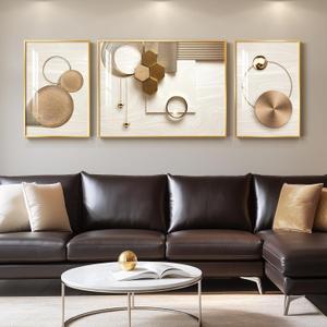 Large Framed Modern Luxury Gold Wall Art for Living Room, 3 Piece Bright Style Art Prints Wall Paintings Artwork for Walls, Bronze Gold Geometric Pictures for Dining Room Bedroom Office Wall Decor (24" H x 64" W (Total Size))