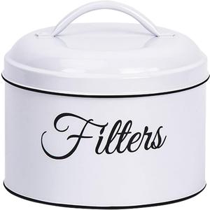 MYSENLAN Coffee Filter Holder, Basket Coffee Filter Holder Storage with Lid, Rustic Round Metal Coffee Filter Dispenser for Counter Kitchen Coffee Bar Décor (White)