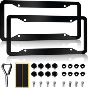 OLLEN Gloss Black Heavy Duty License Plate Frames, 2 Pack Aluminum Alloy Car Plate Holder Bracket, with Screw Caps, Rattle Proof Pads, Black