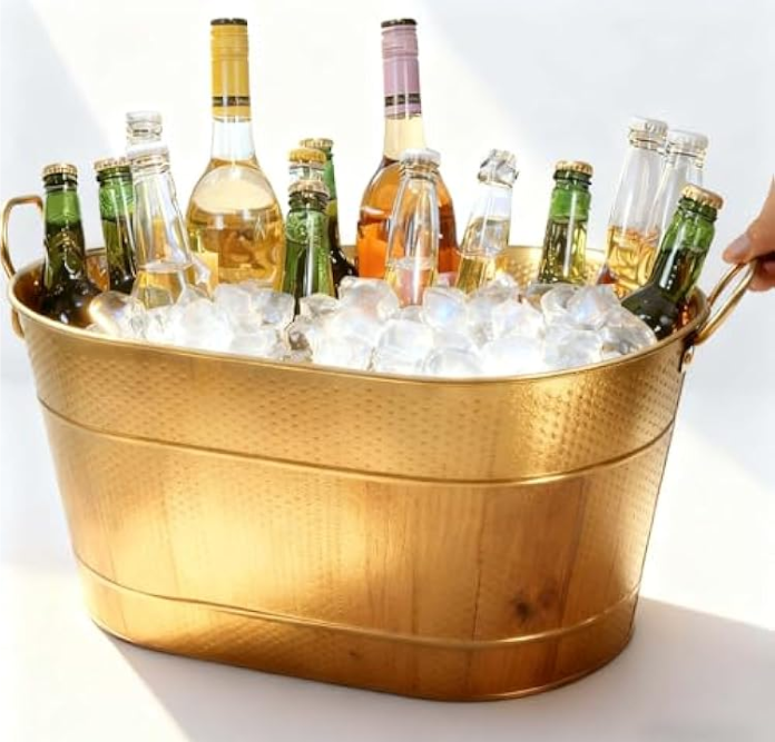 Gold Hammered Beverage Tub, 5Gallon Oval Galvanized Beverage Tub Drink Cooler with Handles – Party Ice Bucket, Holds 12–15 Beer Bottles or 2–3 Wine Bottles – For Weddings, Holidays & BBQ