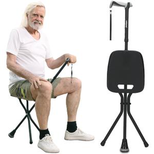 REHAND Walking Cane with Seat,Lightweight Foldable, Adjustable, Collapsible Canes with Stool for Men & Women, Heavy Duty All Terrain Tip, Portable Walking Stick Chair for Seniors & Adults (Black2)