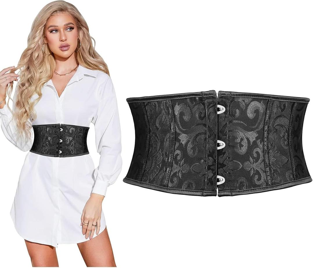 SUOSDEY Jacquard Corset Belt for Women Underbust Boned Lace Up Bustier Waspie Belt Renaissance Steampunk Pirate Corset (Fit Waist Size 25"-27", 01-black)