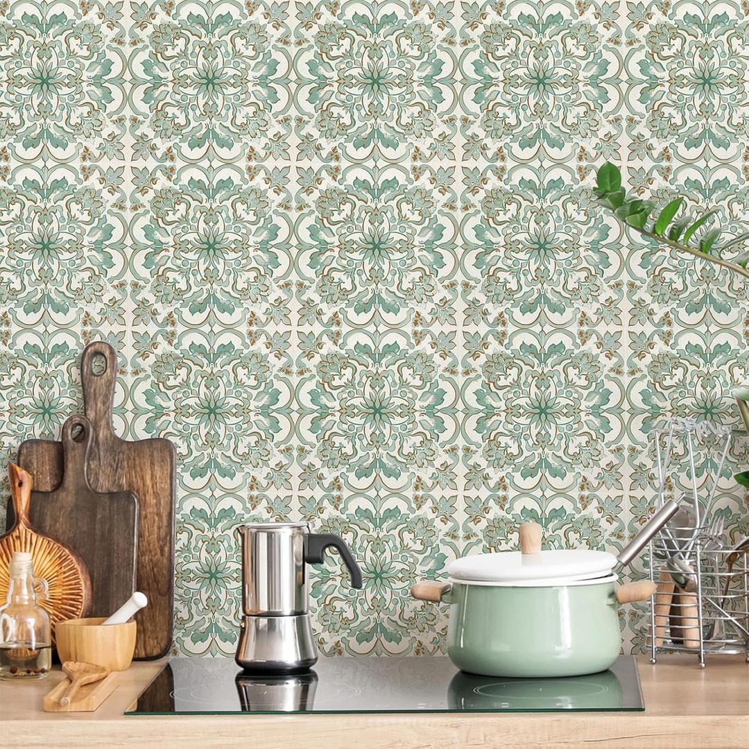 Vintage Retro Tile Stickers - 10 pcs 20cm/7.87inch Embossed Moroccan Pattern Peel & Stick Wall Tiles, 3D Textured PVC Waterproof Backsplash for Kitchen, Bathroom, Laundry Room Decor