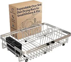 Dish Drying Rack Over The Sink, Expandable Stainless Steel Dish Drainer for Small Kitchen Counter Space Saving, RV Compact Plate Strainer In Silver Metal with Hanging Adjustable Utensil Holder