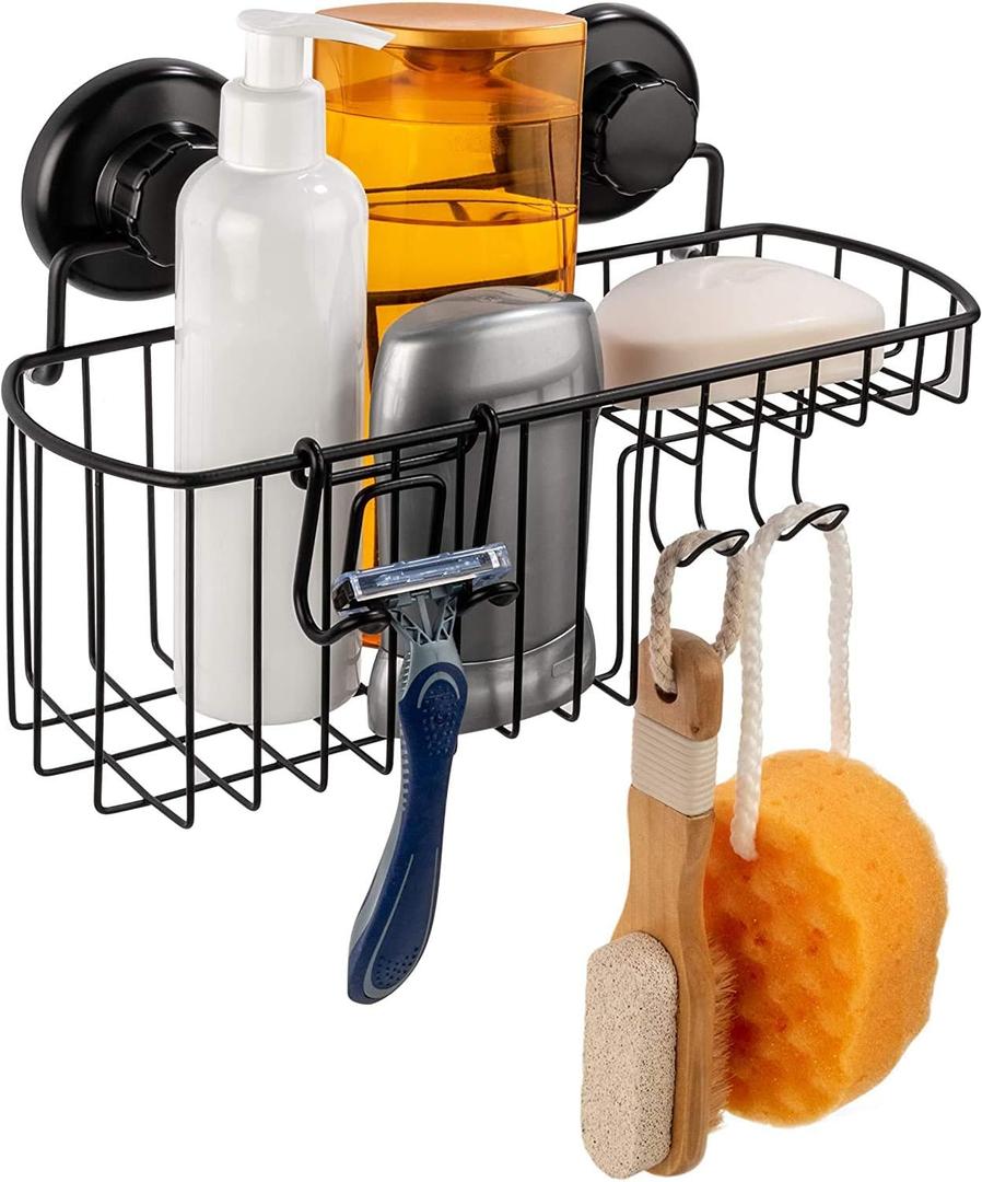 HASKO Shower Caddy Suction Cup, Shower Shelf with Soap Dish and Hooks Organizer, Suction Bathroom Shelf for Storage, Wall Mounted Basket, Black (Black (1 Pack)) HASKO Shower Caddy Suction Cup, Shower Shelf with Soap Dish and Hooks Organizer, Suction Bathroom Shelf for Storage, Wall Mounted Basket, Black (Black (1 Pack))