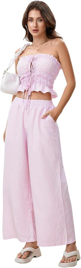 WDIRARA Women's Striped 2 Piece Pants Set Strapless Tie Bandeau Wide Leg Pants Outfits (Pink, XL)