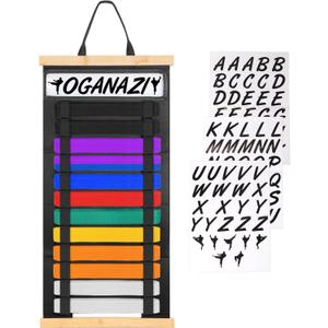 Martial Arts Belt Display Holder - 12 Belts Karate Belt Display Rack with Personalized Stickers, Karate Taekwon do Jiu Jitsu BJJ Belt Display Hanging Holder for Martial Arts, BJJ Learners